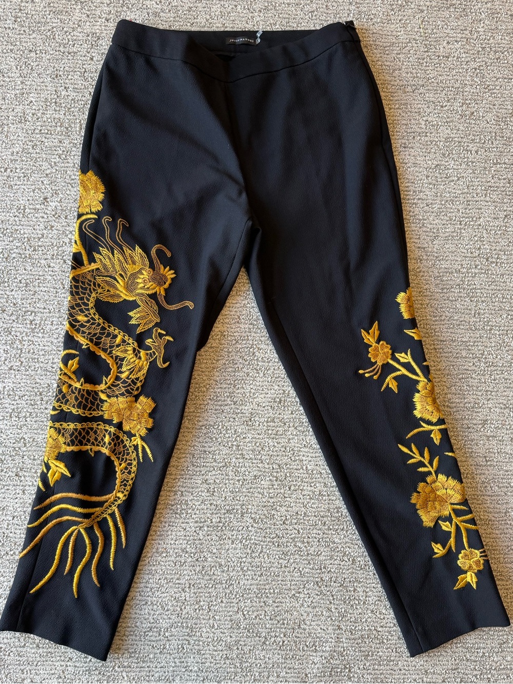 Josie Natori Women's Black Dress Pants Gold Embroidered Dragon Floral Size 8